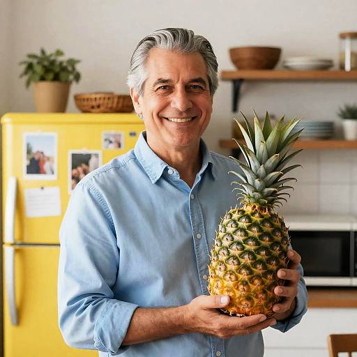 Cheerful Man with Pineapple at Home