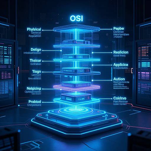 Neon-blue, futuristic diagram of OSI layers (Physical to Credo) on a glowing digital screen, with labels and circuit-like designs.