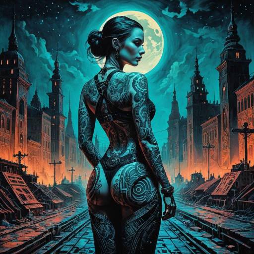 Tattooed Woman in Dystopian Cityscape at Night