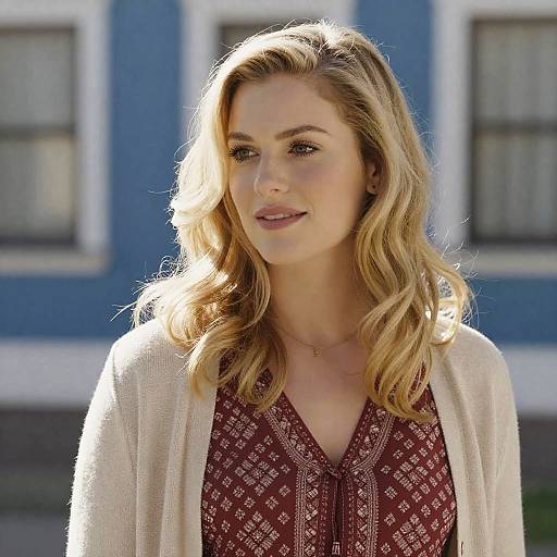 Blonde Woman in Cardigan and Dress