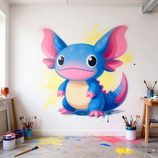 Bright digital mural of blue, pink-eared, cute cartoon creature with large eyes, on a white-walled room, surrounded by paintbrushes,