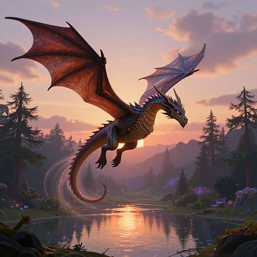Digital fantasy artwork of a majestic red and black dragon with large wings soaring over a serene sunset-lit forest lake.