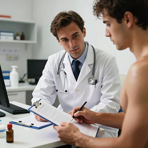 Shirtless Doctor Examining Patient Chart