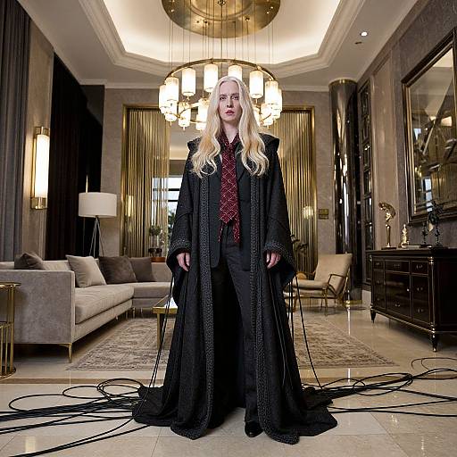 Photograph of a tall, blonde woman with long hair, wearing a black, floor-length, textured robe, standing in a luxurious, dimly-l