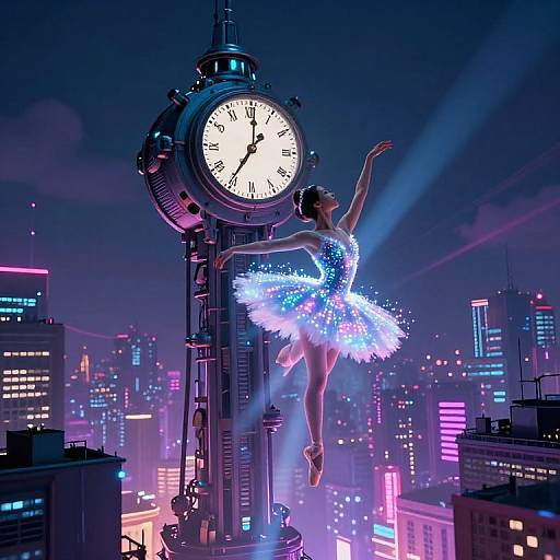 Digital artwork of a ballerina in a sparkly blue dress, leaping near a glowing clock tower in a neon-lit, futuristic cityscape