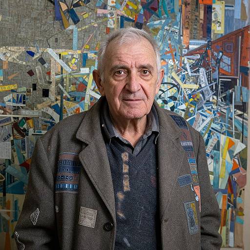 Photograph of an elderly white man with white hair, wearing a dark button-up shirt and brown jacket with patches, standing against a colorful, abstract collage