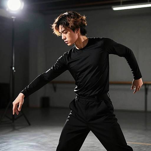 Male dancer with Textured Layers hairstyle in black performance wear