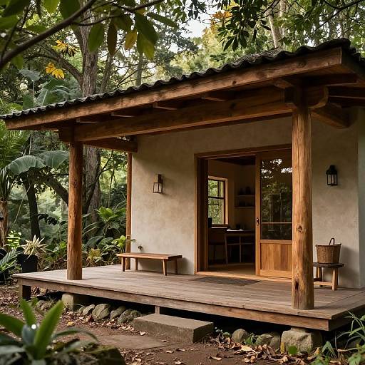 Photograph of a rustic wooden cabin with a tiled roof, nestled in a lush forest. Features wooden doors, lanterns, and benches on a raised