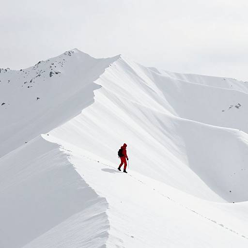Photograph of a solitary figure in red winter gear standing in a stark, white, snowy mountain landscape with jagged, icy peaks.