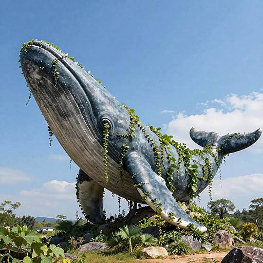 Photograph of a massive, blue, whale sculpture with green vines, set in a sunny, grassy landscape with scattered trees and rocks.