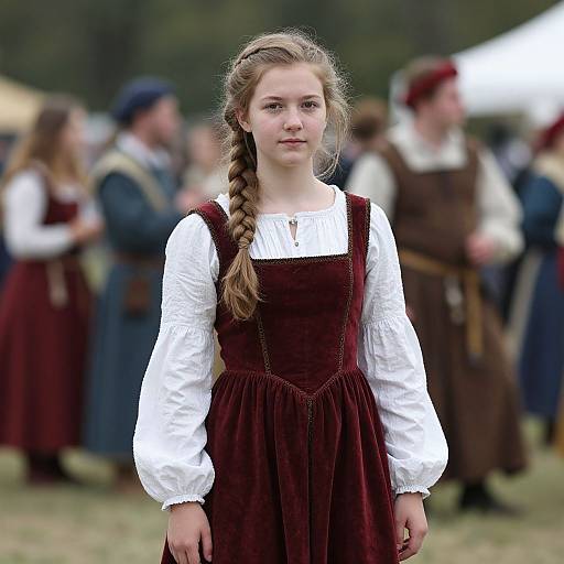 Photograph of a young Caucasian girl with light brown braided hair, wearing a white blouse and maroon velvet dress, standing in a blurred outdoor medieval