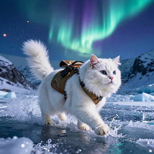 White Norwegian Forest Cat Exploring Frozen Fjord