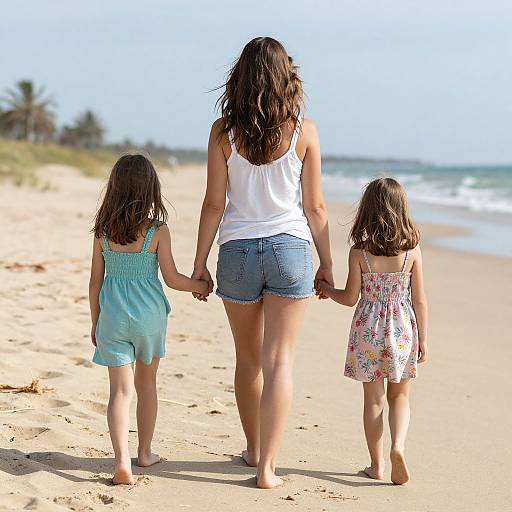 Photograph of a woman in a white tank top and denim shorts holding hands with two young girls, walking barefoot on a sunny beach.