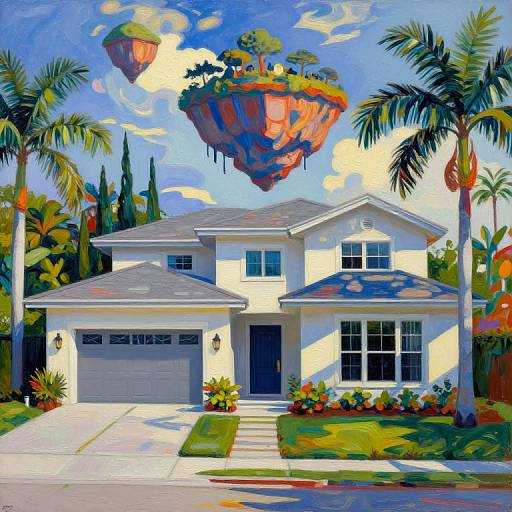 Bright, surreal painting of a two-story suburban house with a floating island in the sky, surrounded by palm trees and vibrant flowers.