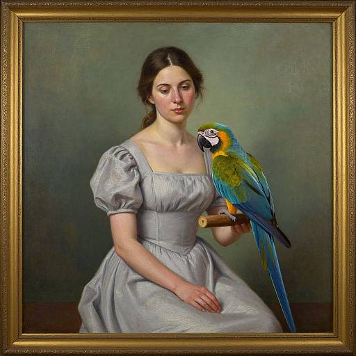 Painting of a pale-skinned woman with dark hair in a gray dress, holding a blue and yellow macaw on her arm.