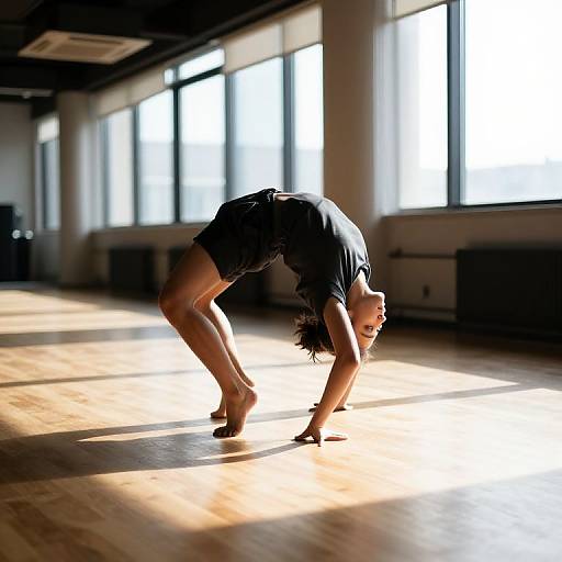 Photograph of a woman with long dark hair, black t-shirt, and shorts, performing a yoga backbend in a sunlit, modern studio