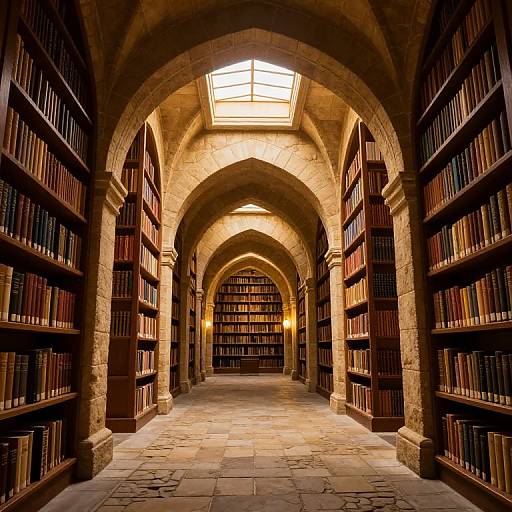 Photograph of a medieval stone library hallway with arched ceilings, lit by a skylight, filled with towering bookshelves on both sides.