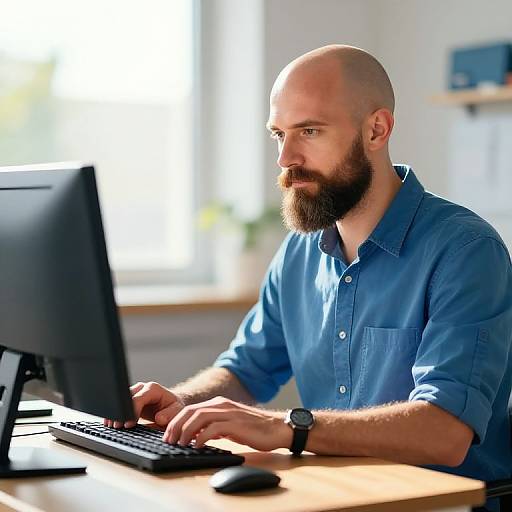 Photograph of a bald, bearded man in a blue shirt, typing on a laptop in a sunlit office, focused expression.