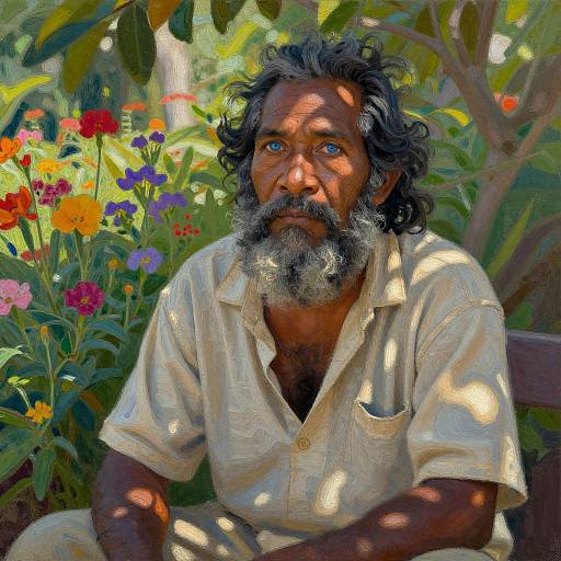Photorealistic digital painting of an older Indian man with a gray beard, wearing a white shirt, sitting in a vibrant garden with colorful flowers and d