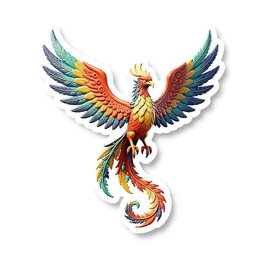 Vibrant digital illustration of a phoenix with colorful, iridescent wings and tail, mid-flight, against a white background.