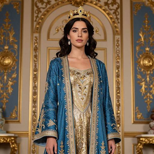 Regal Woman in Ornate Blue and Gold Gown