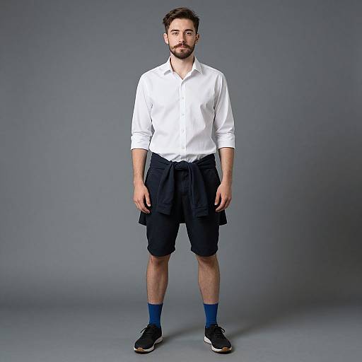 Photograph of a bearded man with short dark hair, wearing a white long-sleeve shirt, black shorts, blue socks, and black sneakers
