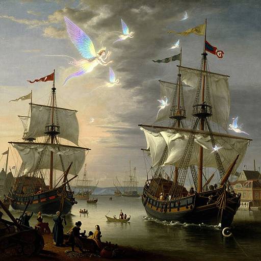 Baroque-style painting of two tall sailing ships with billowing sails, surrounded by glowing white birds, dockside figures, and a sunset sky.