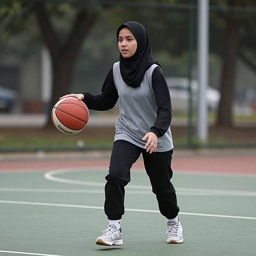 Photograph of a young woman with light brown skin and black hijab, wearing a gray sleeveless top, black pants, and white sneakers, drib