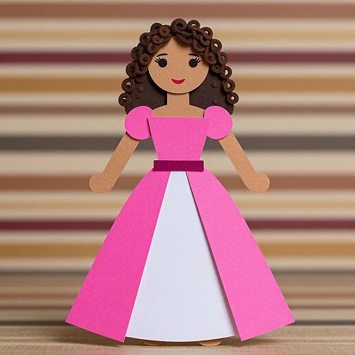 Photograph of a colorful, handcrafted paper doll with curly brown hair, wearing a pink dress with white skirt, set against a striped background.
