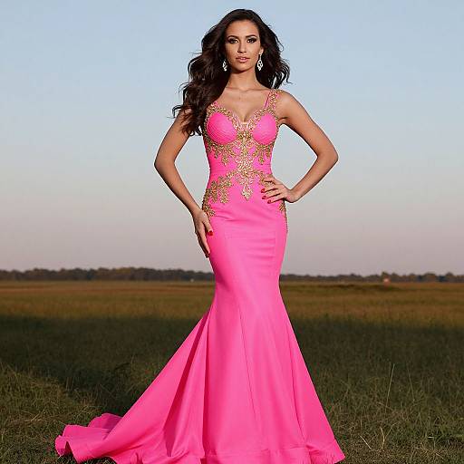 Photograph of a dark-haired woman in a vibrant pink, gold-embellished, form-fitting evening gown, standing confidently in a grassy