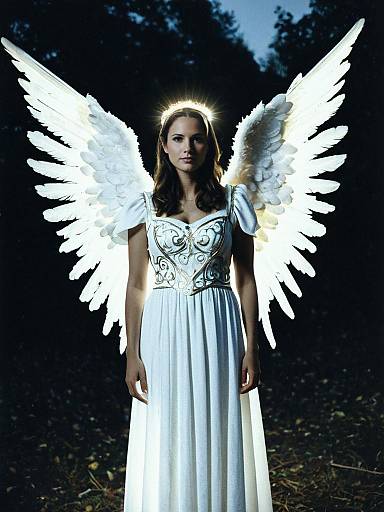 Woman in Angel Costume with Glowing Halo and Wings