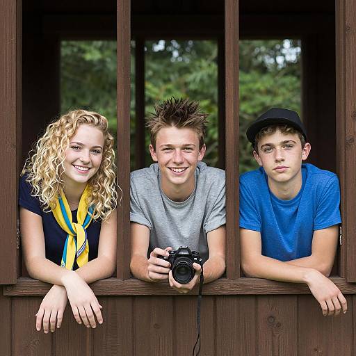 Teenagers Posing by Wooden Window Frame