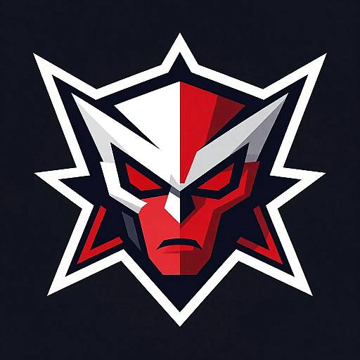 Digital logo featuring a red and white geometric face with angular lines, enclosed by a white starburst pattern on a black background. Stylized, intense