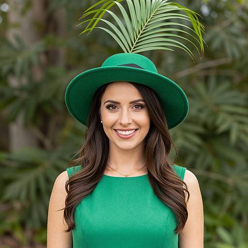 Photograph of a smiling woman with long dark hair, wearing a green sleeveless dress and matching green hat with a palm leaf decoration, set against a
