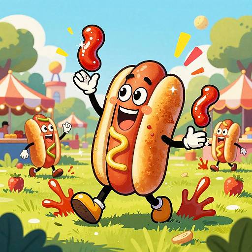 Whimsical Cartoon Hot Dog Juggling