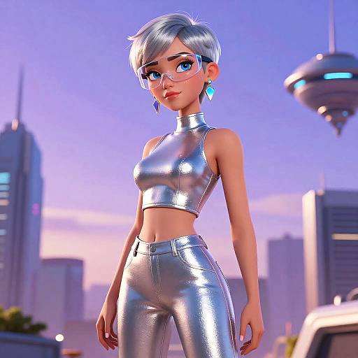 CGI-style digital art of a stylish, short-haired woman with silver hair, blue eyes, and light skin, wearing a shiny silver crop top and