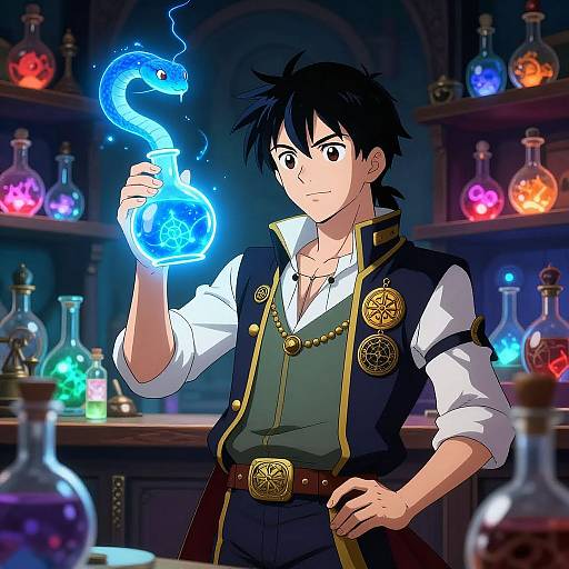Anime-style drawing of a black-haired, serious young man in a dark, gold-trimmed vest, holding a glowing blue snake in a colorful,
