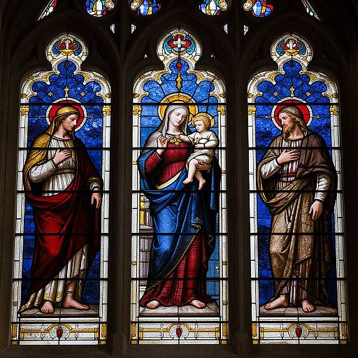 Stained glass triptych of Mary with baby Jesus, and two saints, featuring vibrant blue, red, and gold hues, with halos and