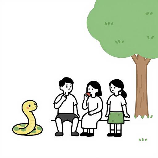 Cubism Cartoon Scene with Snake and Couple