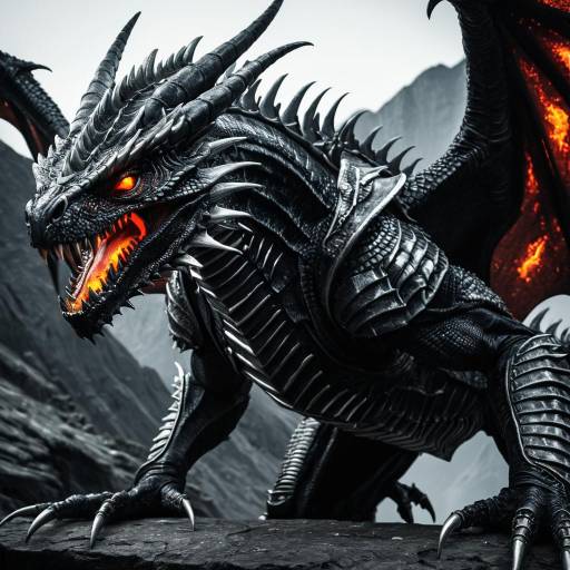 Obsidian Wyvern with Fiery Eyes and Silver Spike Armor