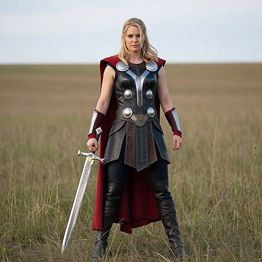 Photograph of a blonde warrior woman with long hair, wearing black armor, red cape, and holding a sword, standing in a grassy field.