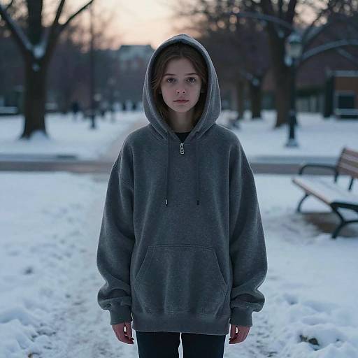 Photograph of a young woman with pale skin and brown hair, wearing a gray hoodie, standing in a snowy park at sunset.