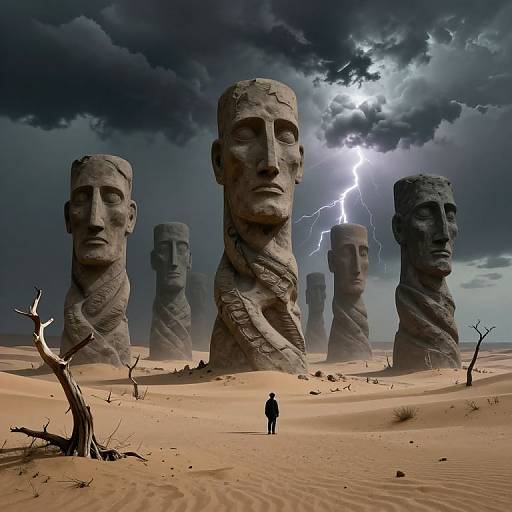 Surreal Desert with Faceless Statues