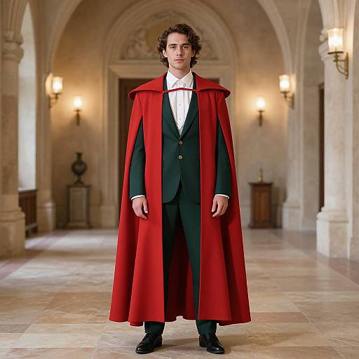 Photograph of a young man with curly brown hair, wearing a black suit, white shirt, and long red cape, standing in an ornate,
