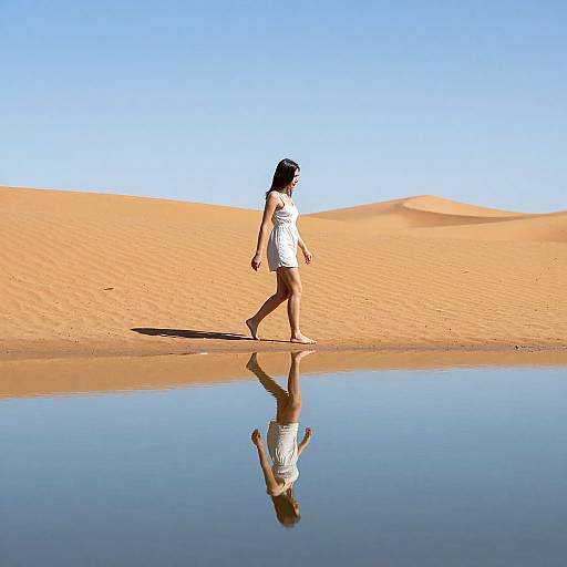 Photograph of a woman in a white dress walking on a desert beach, reflecting in a calm water puddle, with golden sand dunes and clear