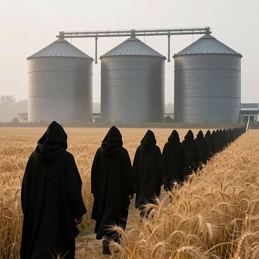 Hooded Figures March Through Wheat Field