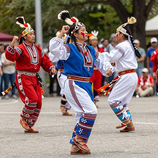 Photograph of three Indigenous dancers in vibrant traditional attire, performing on a street. They wear red, blue, and white outfits with feathered headdresses
