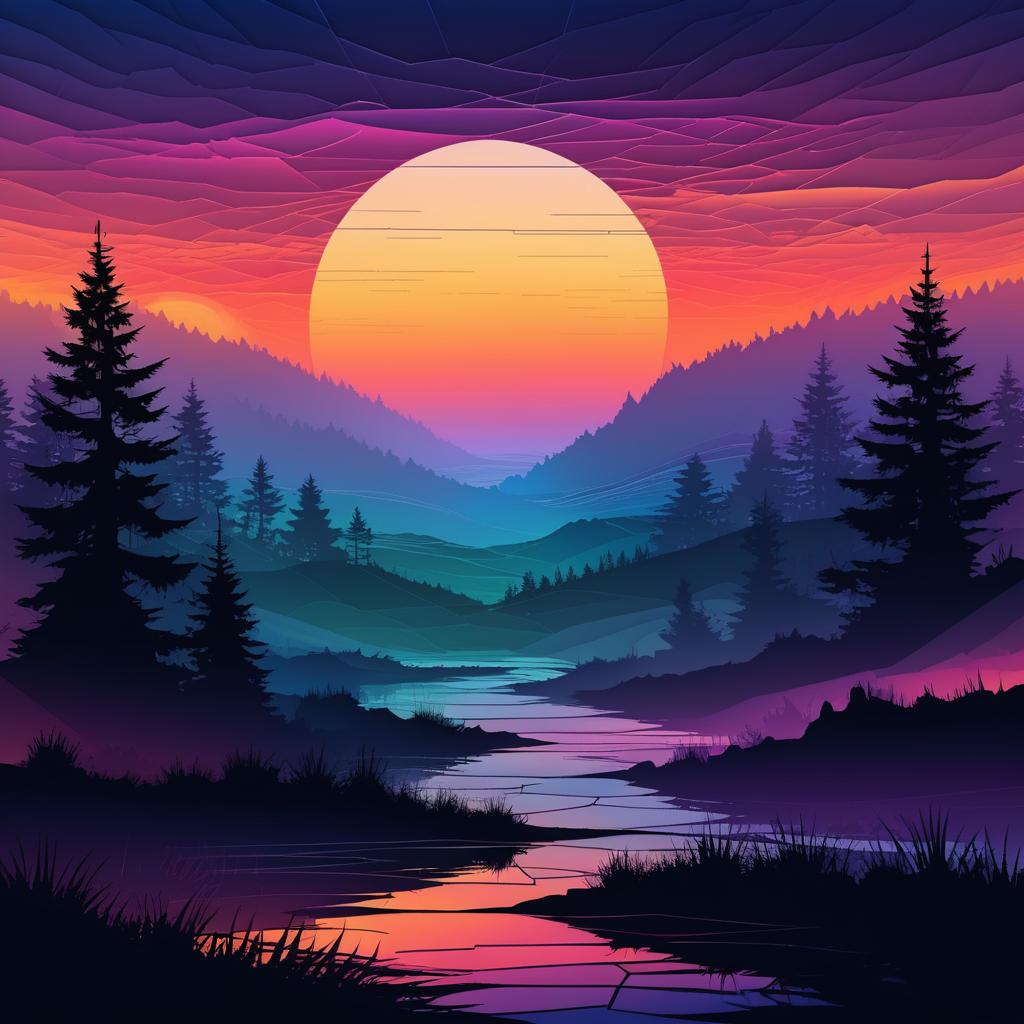 Vibrant Silhouette Landscape with Sunset Fog