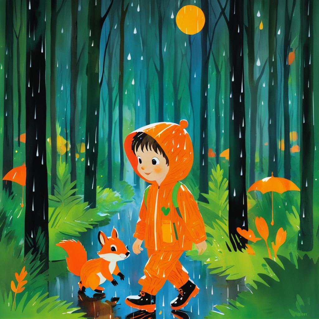 Cheerful Boy and Squirrel in Rain