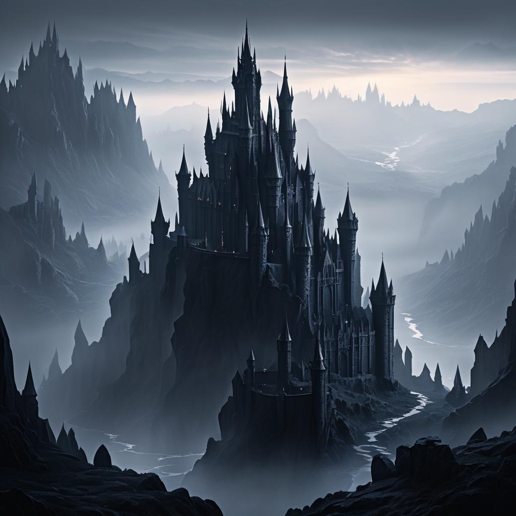 Mysterious Tall Castle in Misty Valley